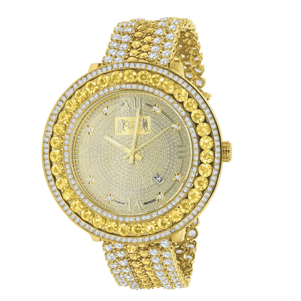 Roman Face Real Diamond Dial Canary Iced Out Solitaire Bezel 18K Gold Finish Adjustable Size Custom Watch W/Date