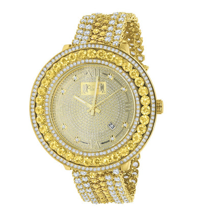 Roman Face Real Diamond Dial Canary Iced Out Solitaire Bezel 18K Gold Finish Adjustable Size Custom Watch W/Date