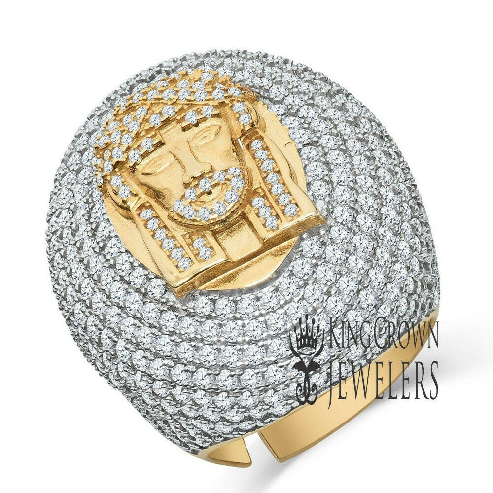 Big Bold Mens 2 Tone Real Yellow Gold Sterling Silver Jesus Face Dome Ring Simulated Diamond Band (Adjustable Size 9 Up To 10 ))