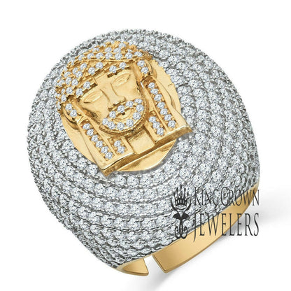 Big Bold Mens 2 Tone Real Yellow Gold Sterling Silver Jesus Face Dome Ring Simulated Diamond Band (Adjustable Size 9 Up To 10 ))