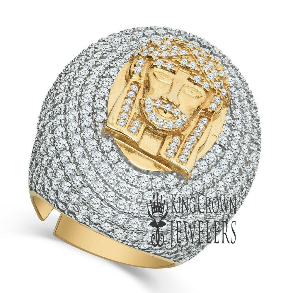 Big Bold Mens 2 Tone Real Yellow Gold Sterling Silver Jesus Face Dome Ring Simulated Diamond Band (Adjustable Size 9 Up To 10 ))