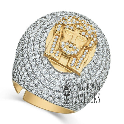 Big Bold Mens 2 Tone Real Yellow Gold Sterling Silver Jesus Face Dome Ring Simulated Diamond Band (Adjustable Size 9 Up To 10 ))