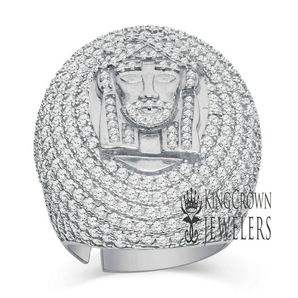 Big Bold Mens Real 14K White Gold On Sterling Silver Jesus Face Dome Ring Simulated Diamond Band (Adjustable Size 9 Up To 10 )