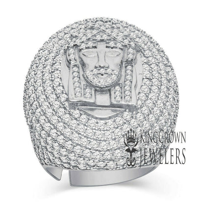Big Bold Mens Real 14K White Gold On Sterling Silver Jesus Face Dome Ring Simulated Diamond Band (Adjustable Size 9 Up To 10 )