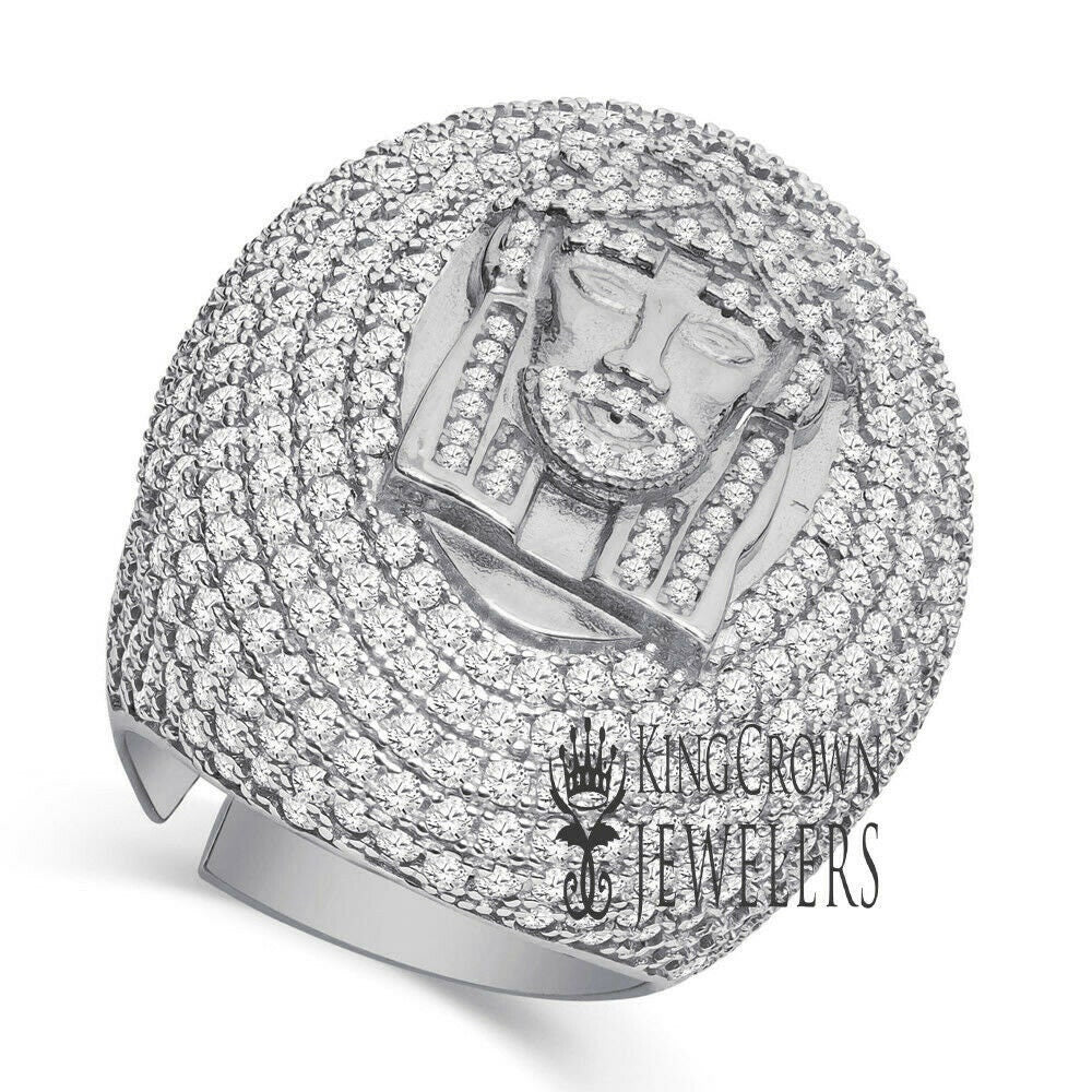 Big Bold Mens Real 14K White Gold On Sterling Silver Jesus Face Dome Ring Simulated Diamond Band (Adjustable Size 9 Up To 10 )