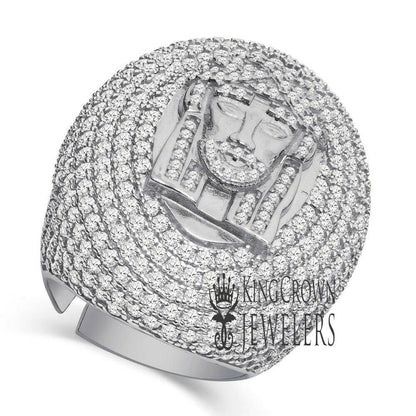 Big Bold Mens Real 14K White Gold On Sterling Silver Jesus Face Dome Ring Simulated Diamond Band (Adjustable Size 9 Up To 10 )
