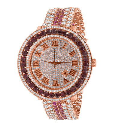 Rose Gold Tone Roman Face Solitaire Simulated Diamond Ruby Red Stainless Steel Back Mens Watch W/Date Function