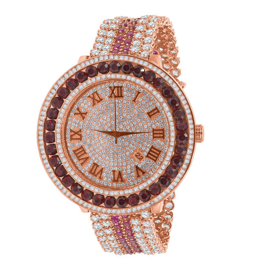 Rose Gold Tone Roman Face Solitaire Simulated Diamond Ruby Red Stainless Steel Back Mens Watch W/Date Function