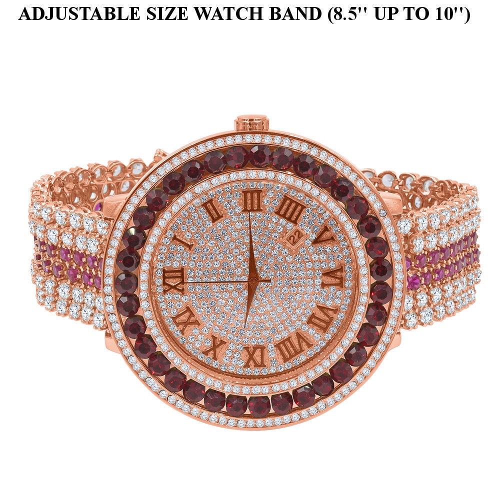 Rose Gold Tone Roman Face Solitaire Simulated Diamond Ruby Red Stainless Steel Back Mens Watch W/Date Function