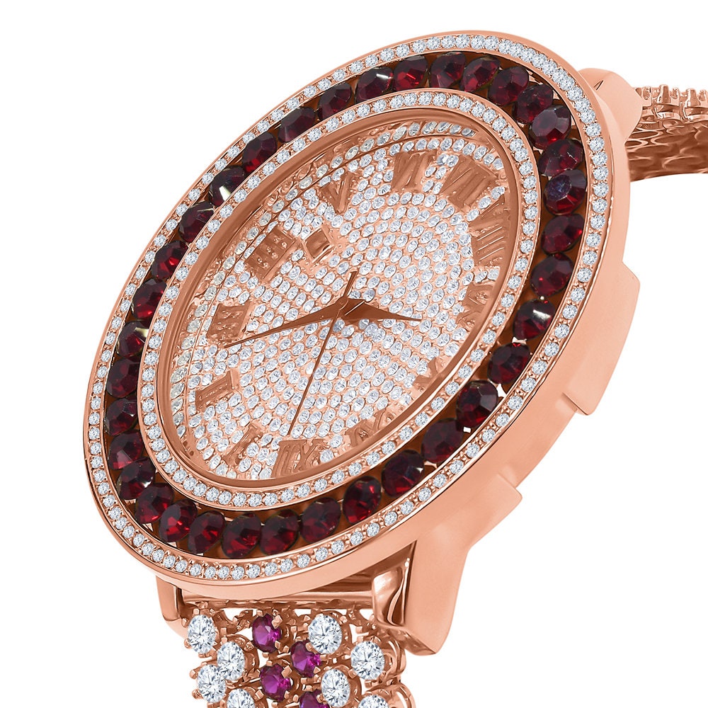 Rose Gold Tone Roman Face Solitaire Simulated Diamond Ruby Red Stainless Steel Back Mens Watch W/Date Function