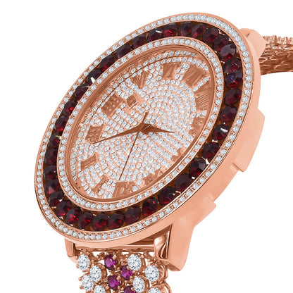 Rose Gold Tone Roman Face Solitaire Simulated Diamond Ruby Red Stainless Steel Back Mens Watch W/Date Function