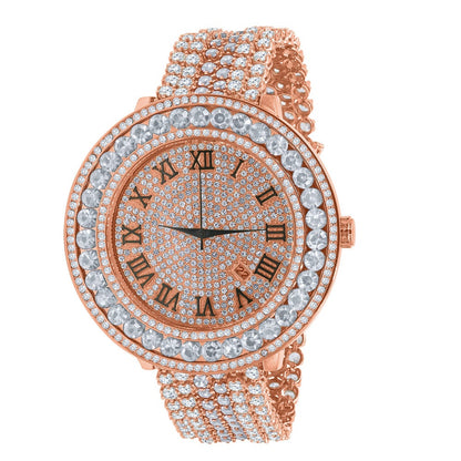 Roman Face Solitaire Simulated Diamond Rose Gold Finish Stainless Steel Back Mens Watch W/Date Function
