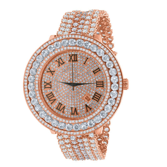 Roman Face Solitaire Simulated Diamond Rose Gold Finish Stainless Steel Back Mens Watch W/Date Function