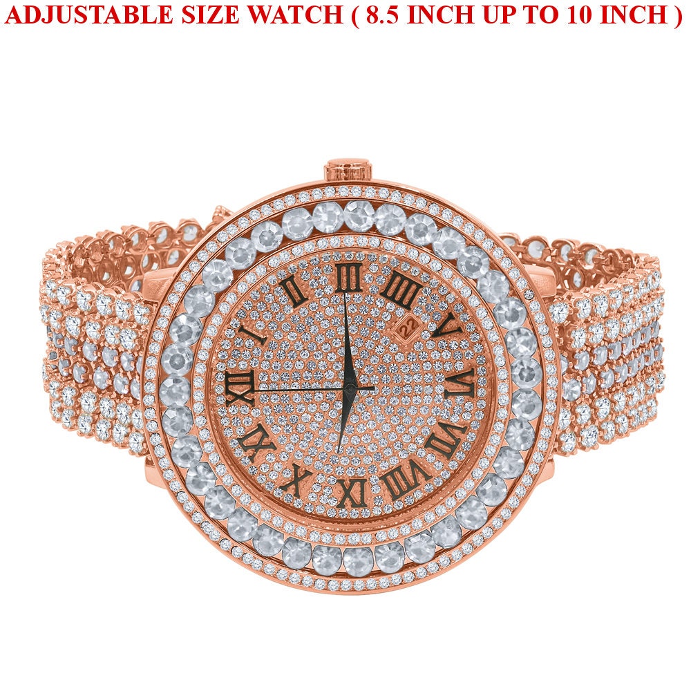 Roman Face Solitaire Simulated Diamond Rose Gold Finish Stainless Steel Back Mens Watch W/Date Function