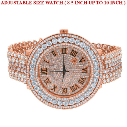 Roman Face Solitaire Simulated Diamond Rose Gold Finish Stainless Steel Back Mens Watch W/Date Function