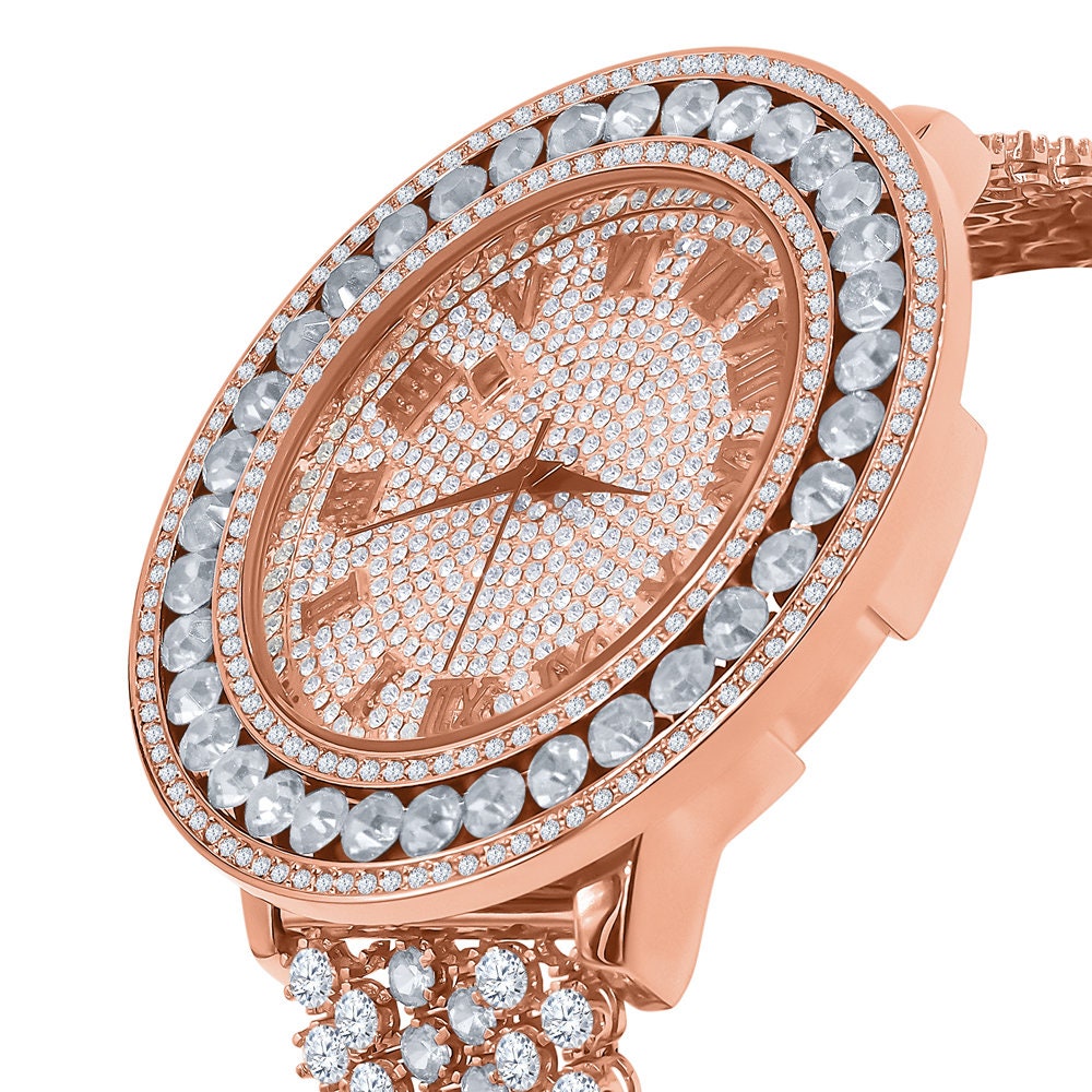 Roman Face Solitaire Simulated Diamond Rose Gold Finish Stainless Steel Back Mens Watch W/Date Function