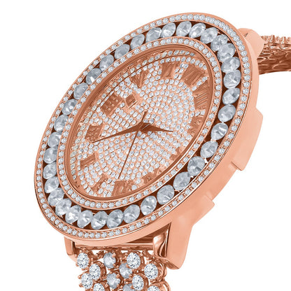 Roman Face Solitaire Simulated Diamond Rose Gold Finish Stainless Steel Back Mens Watch W/Date Function