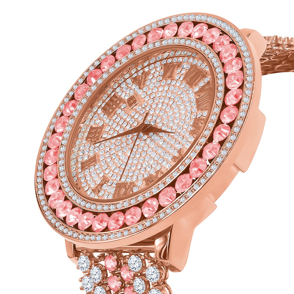 Pink Solitaire Roman Face Simulated Diamond Rose Gold Finish Stainless Steel Back Mens Watch W/Date Function