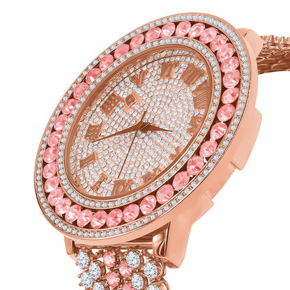 Pink Solitaire Roman Face Simulated Diamond Rose Gold Finish Stainless Steel Back Mens Watch W/Date Function