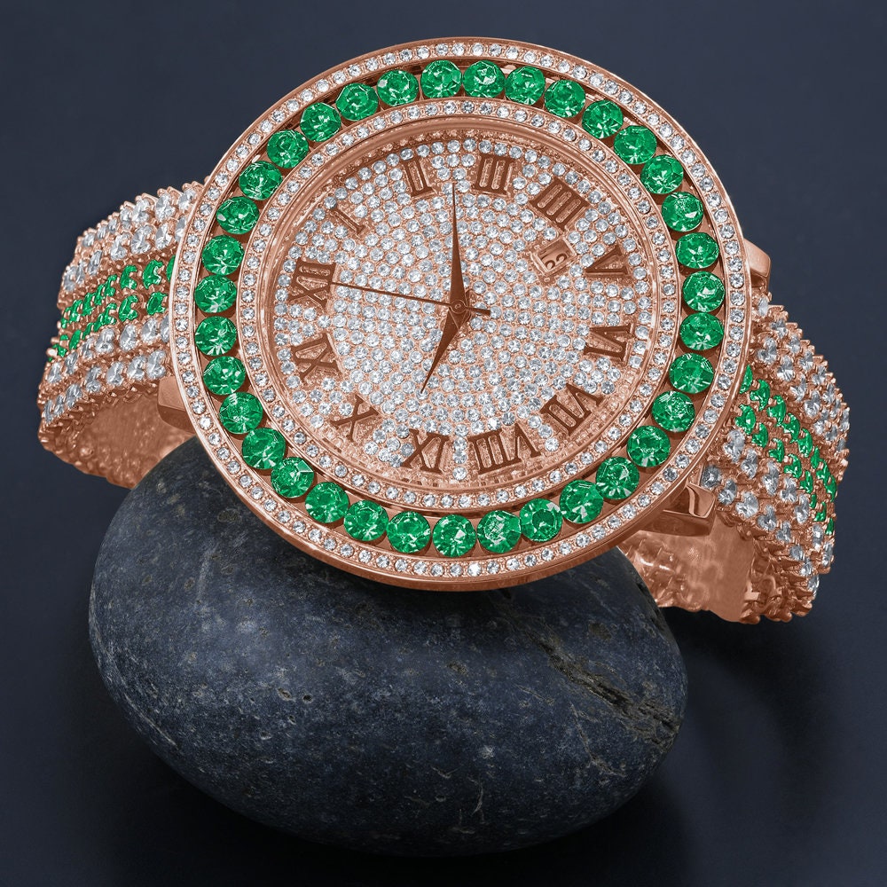 Mens Solitaire Roman Face Simulated Diamond Rose Gold Finish Emerald Green Steel Back Watch W/Date Function
