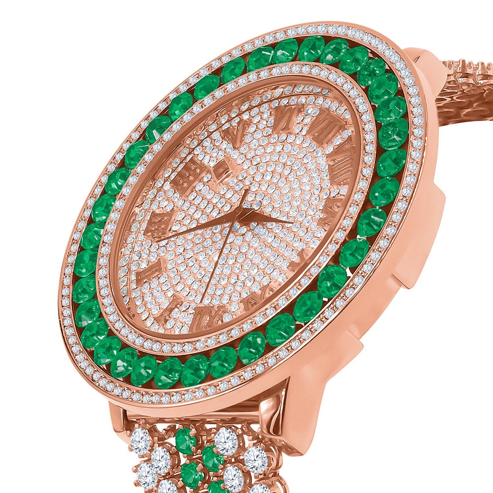 Mens Solitaire Roman Face Simulated Diamond Rose Gold Finish Emerald Green Steel Back Watch W/Date Function