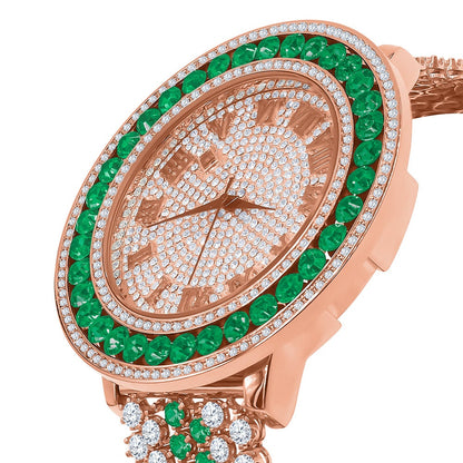 Mens Solitaire Roman Face Simulated Diamond Rose Gold Finish Emerald Green Steel Back Watch W/Date Function