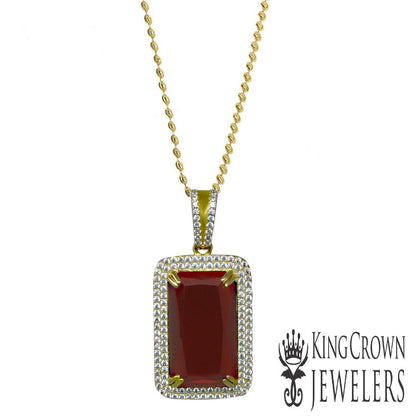 Real Sterling Silver Men's Yellow Gold Finish Rick Ross Garnet Ruby Red Pendant Chain Necklace