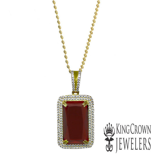 Real Sterling Silver Men's Yellow Gold Finish Rick Ross Garnet Ruby Red Pendant Chain Necklace