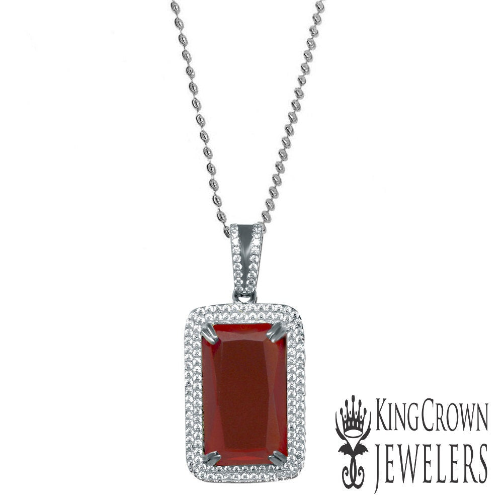 Real Sterling Silver Men's White Gold Finish Rick Ross Garnet Ruby Red Necklace