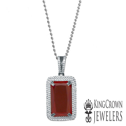 Real Sterling Silver Men's White Gold Finish Rick Ross Garnet Ruby Red Necklace