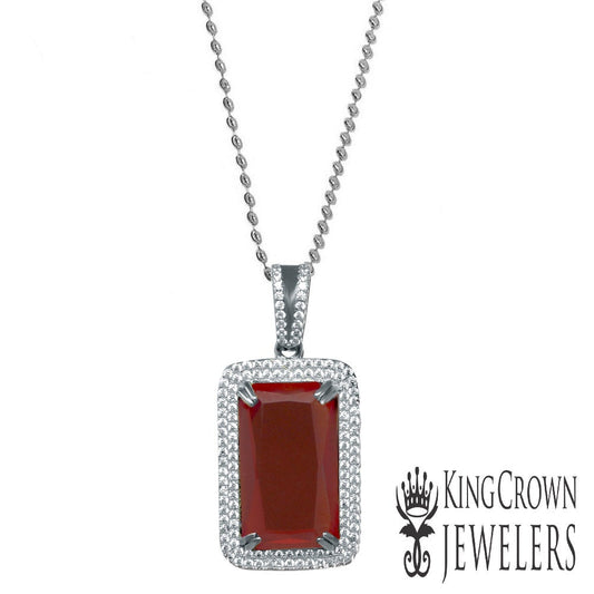 Real Sterling Silver Men's White Gold Finish Rick Ross Garnet Ruby Red Necklace