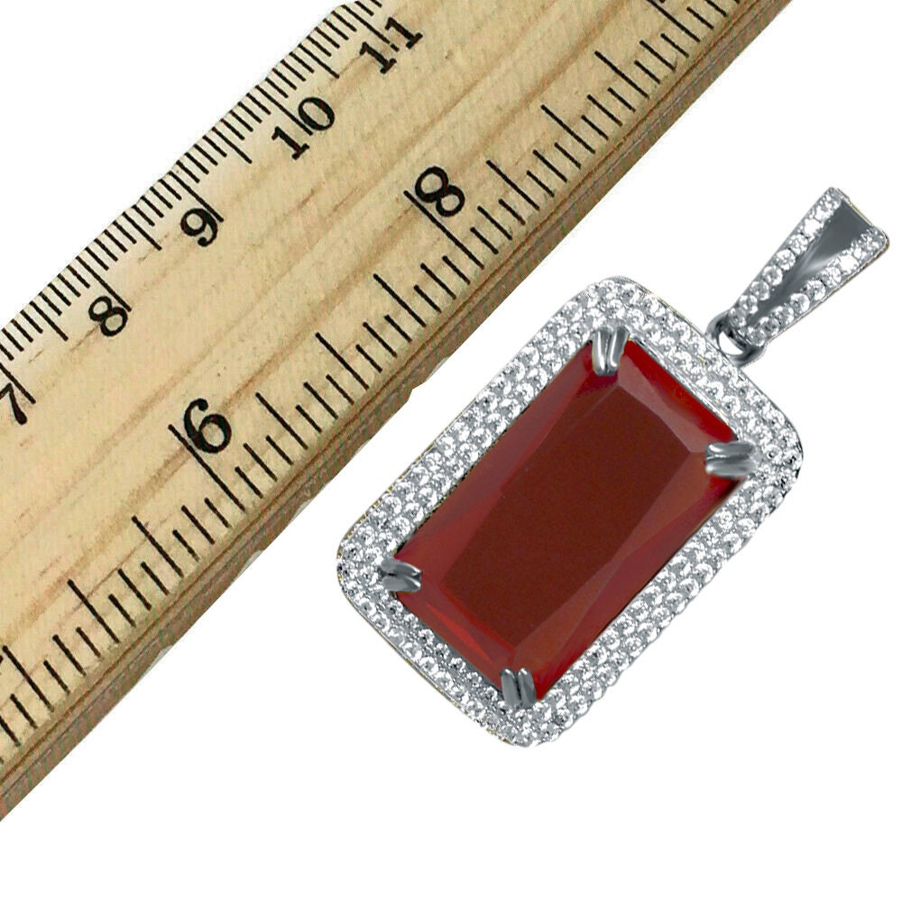 Real Sterling Silver Men's White Gold Finish Rick Ross Garnet Ruby Red Necklace