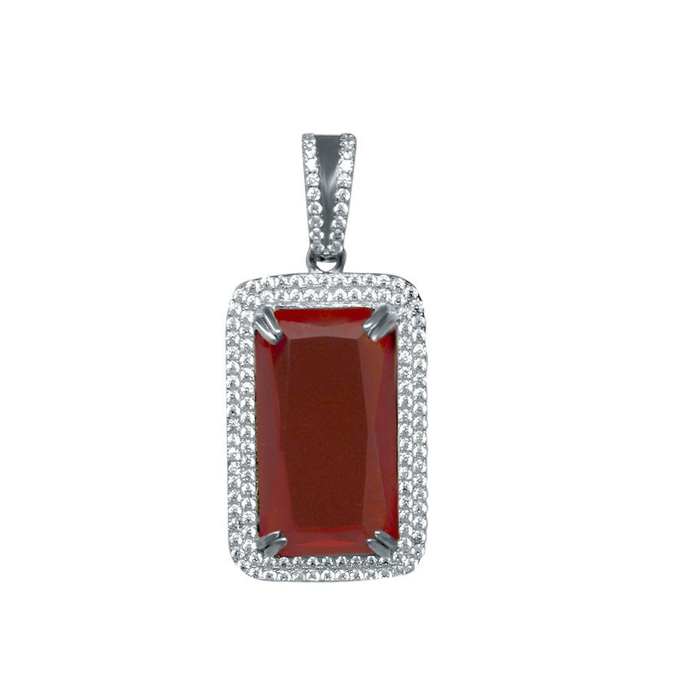 Real Sterling Silver Men's White Gold Finish Rick Ross Garnet Ruby Red Necklace