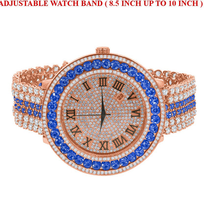 Custom Watch Blue Sapphire Solitaire Roman Dial Simulated Diamond Rose Gold Stainless Steel Back W/Date Function Mens