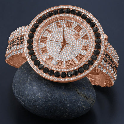 Black Onyx Custom Watch Solitaire Roman Dial Simulated Diamond Rose Gold Stainless Steel Back W/Date Function