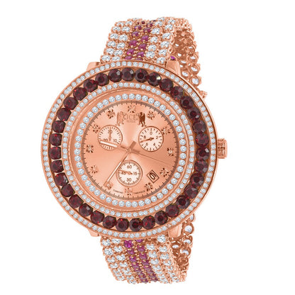 Fully Iced Out Solitaire Real Diamond Dial Ruby Red Stainless Steel Back Mens Rose Gold Watch W/Date Function