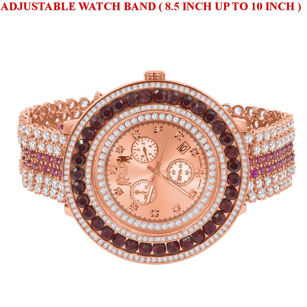 Fully Iced Out Solitaire Real Diamond Dial Ruby Red Stainless Steel Back Mens Rose Gold Watch W/Date Function