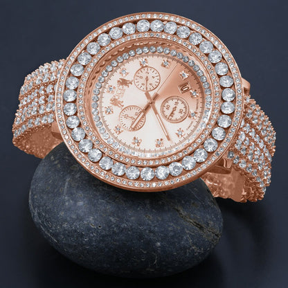 Big Bold Solitaire Real Diamond Dial Stainless Steel Back Mens Rose Gold Custom Watch W/Date Function