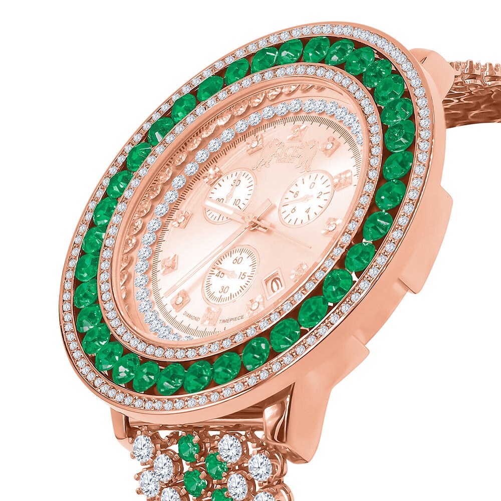 Green Solitaire Real Diamond Dial Stainless Steel Back 18K Rose Gold Finish Mens Watch W/Date Function
