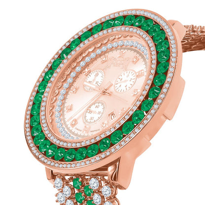 Green Solitaire Real Diamond Dial Stainless Steel Back 18K Rose Gold Finish Mens Watch W/Date Function