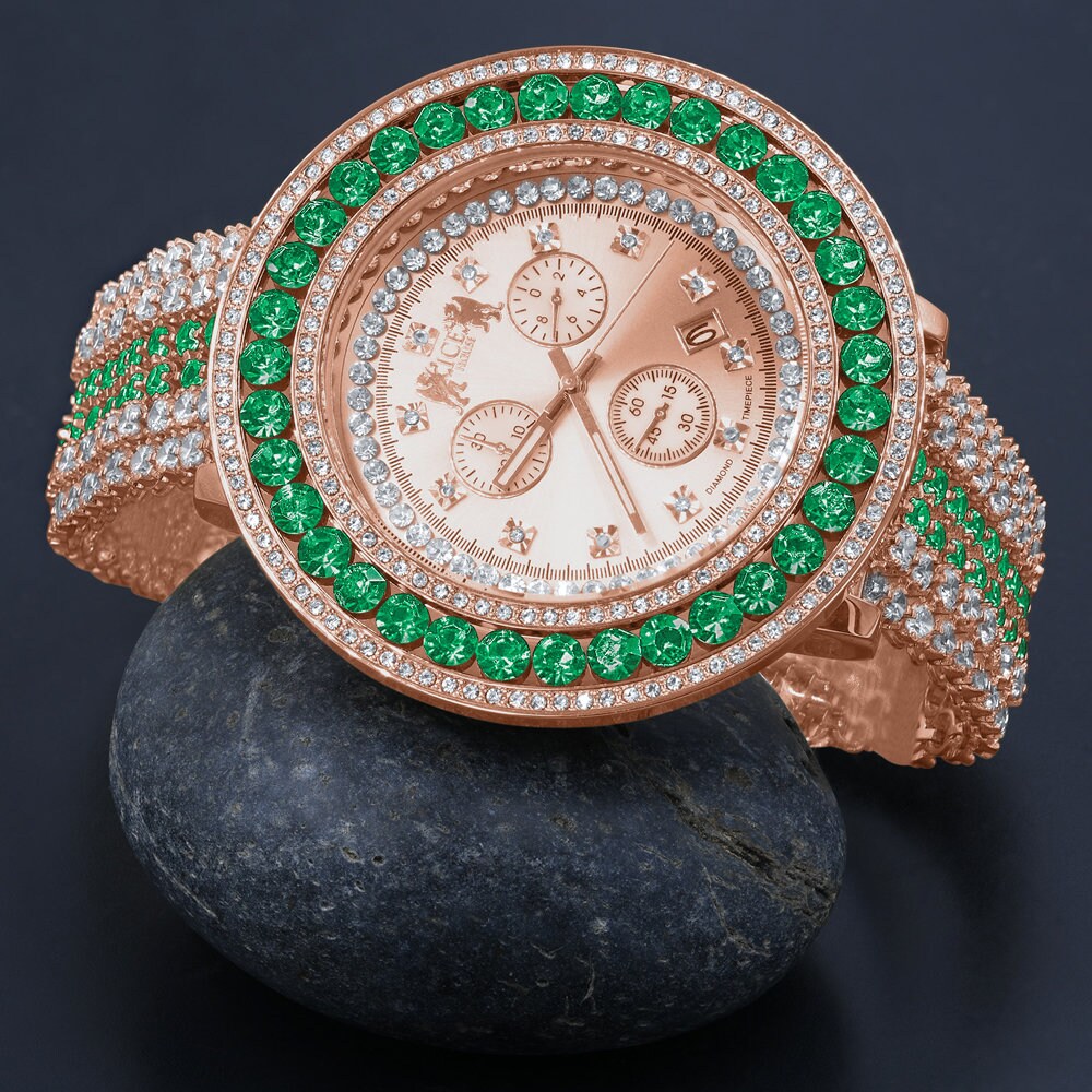 Green Solitaire Real Diamond Dial Stainless Steel Back 18K Rose Gold Finish Mens Watch W/Date Function
