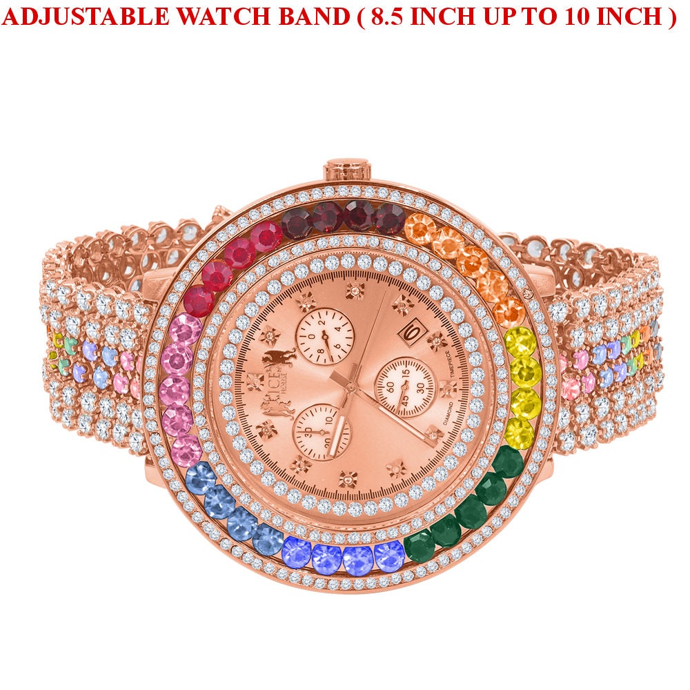 Mens Multi Rainbow Solitaire Real Diamond Dial Stainless Steel Back 18K Rose Gold Finish Watch W/Date