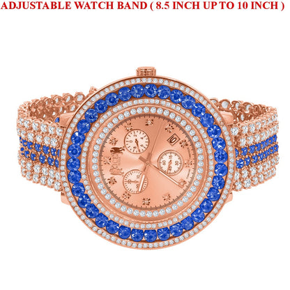 Mens Blue Solitaire Real Diamond Dial Stainless Steel Back 18K Rose Gold Finish Watch W/Date
