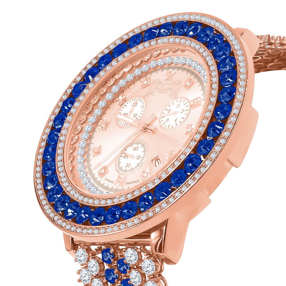 Mens Blue Solitaire Real Diamond Dial Stainless Steel Back 18K Rose Gold Finish Watch W/Date