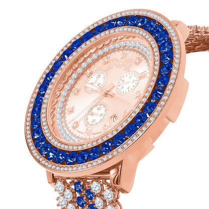 Mens Blue Solitaire Real Diamond Dial Stainless Steel Back 18K Rose Gold Finish Watch W/Date