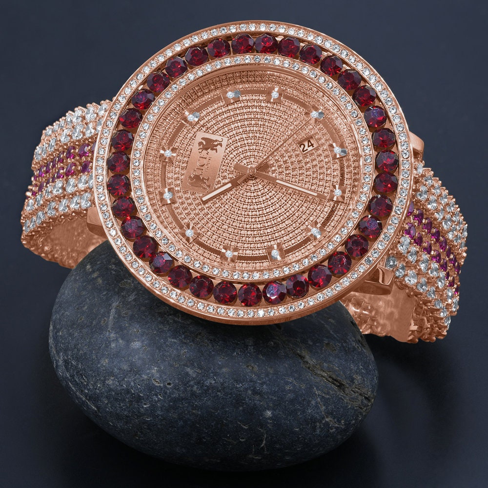Genuine Real Diamond Dial Rose Gold Ruby Red Solitaire Bezel Iced Out Custom Band Mens Watch W/Date