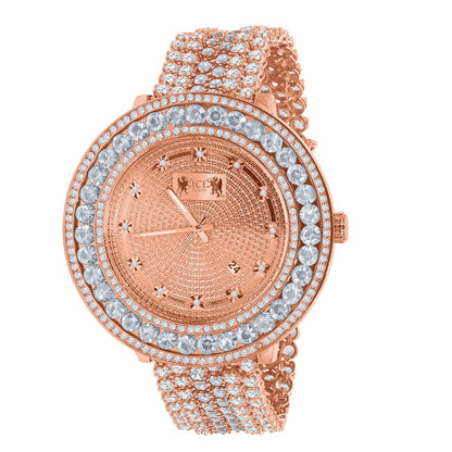 Mens Genuine Real Diamond Dial Rose Gold Finish Solitaire Bezel Iced Out Custom Band Watch W/Date