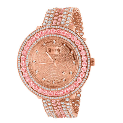 Mens Genuine Real Diamond Dial Rose Gold Finish Pink Solitaire Bezel Iced Out Custom Band Watch W/Date