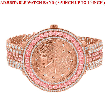 Mens Genuine Real Diamond Dial Rose Gold Finish Pink Solitaire Bezel Iced Out Custom Band Watch W/Date