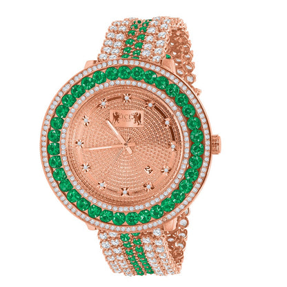 Green Solitaire Bezel Genuine Real Diamond Dial Rose Gold Finish Iced Out Custom Band Watch W/Date